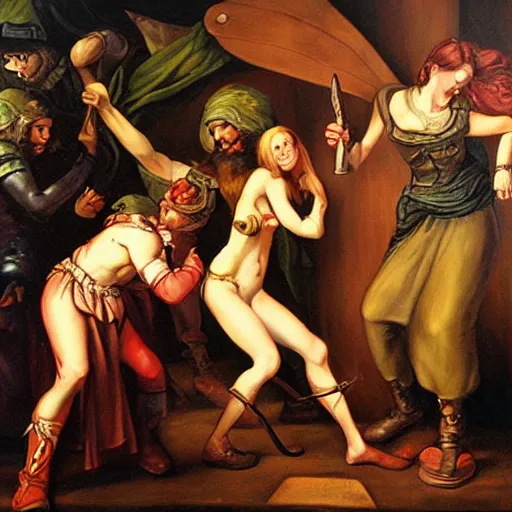 Prompt: baroque oil painting of an elven bar fight