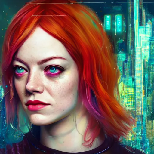 Image similar to cosmic cyberpunk portrait of emma stone, hyper detailed, digital art, trending in artstation, cinematic lighting, studio quality, smooth render, unreal engine 5 rendered, octane rendered, art style by klimt and nixeu and ian sprigger and wlop and krenz cushart.