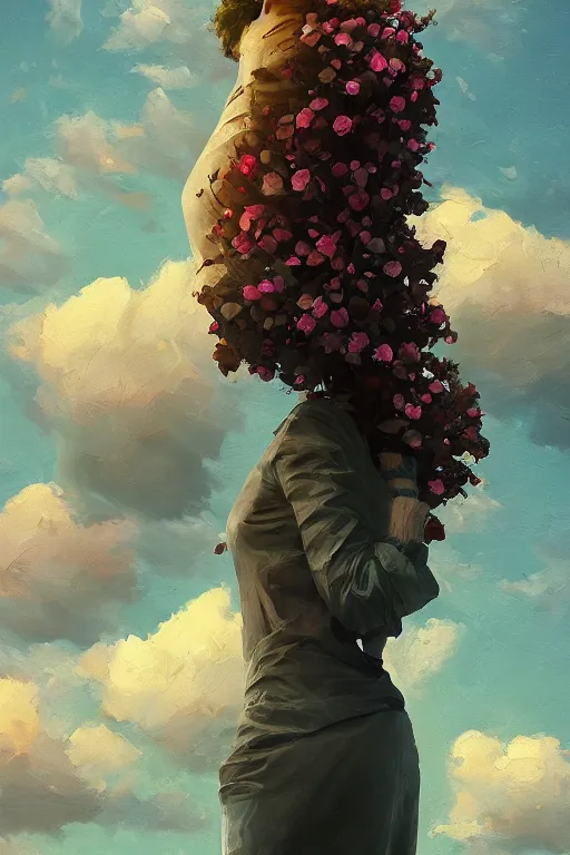 Prompt: portrait, huge flower head, a girl standing on pillar, surreal photography, wind and cold, dramatic sky, impressionist painting, digital painting, artstation, simon stalenhag