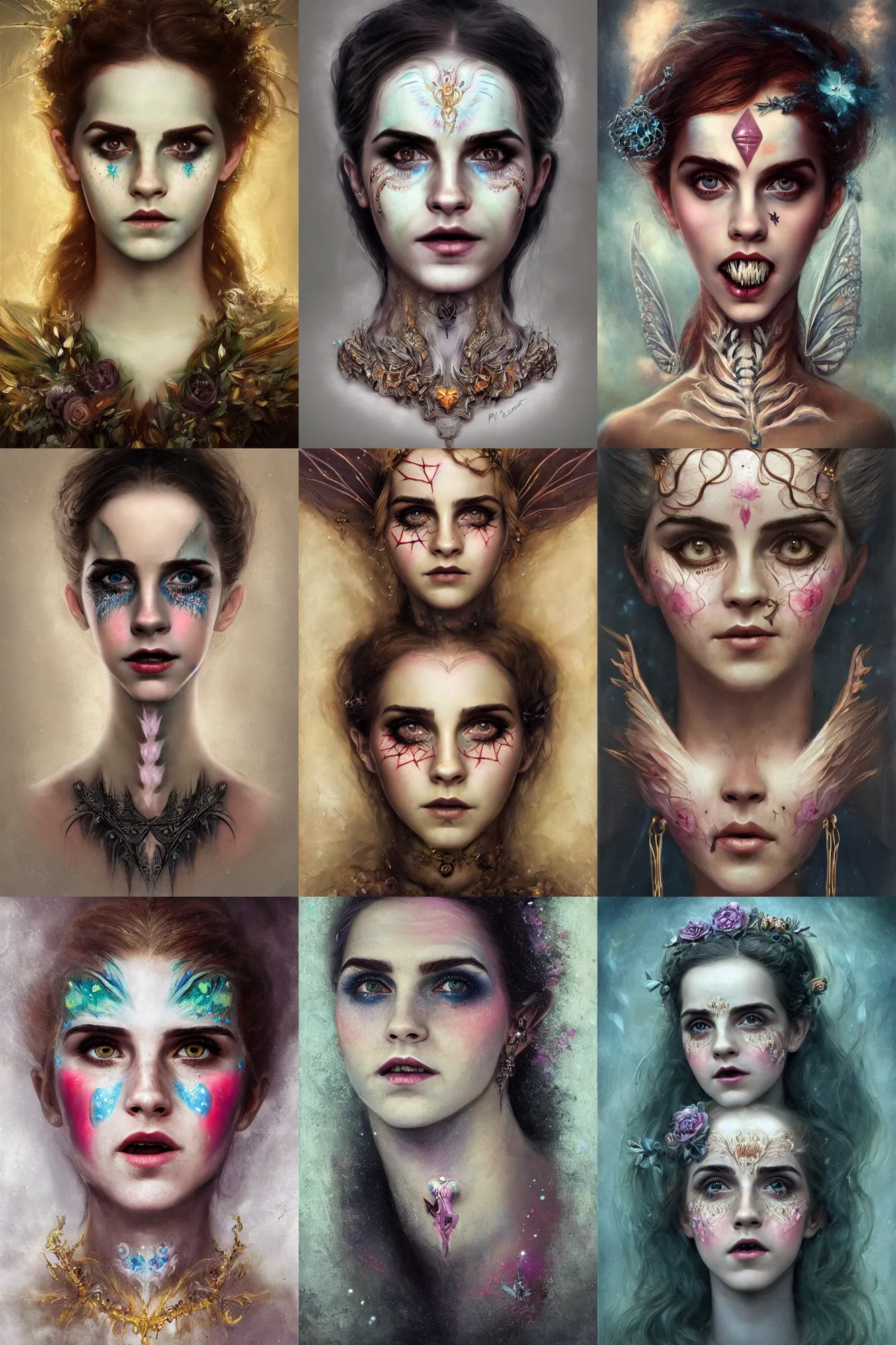 Prompt: portrait of startled scared surprised fairy with her mouth wide open, symmetric, facepaint facepaint facepaint, intricate jewelry, trending on artstation 4 k, in the style of karol bak and tom bagshaw, bust with face of emma watson