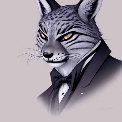 Prompt: an anthropomorphic lynx wearing a tuxedo suit,Character design by charlie bowater, ross tran, artgerm, and makoto shinkai, detailed, inked, western comic book art, 2021 award winning painting,photorealistic,detailed face,professional lighting,studio photograph,hyperdetailed,art by greg rutkowski,digital art