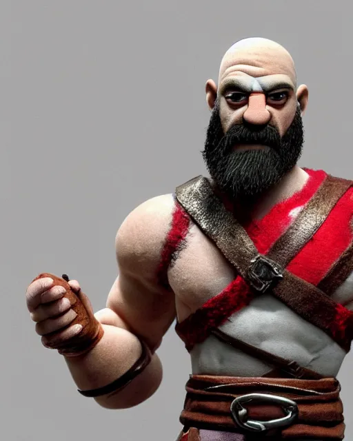 Image similar to kratos as a muppet. highly detailed felt. hyper real photo. 4 k.