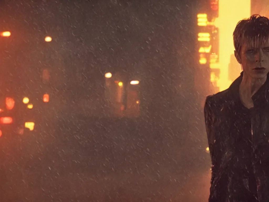 Image similar to young David Bowie, close-up, film still from Blade Runner 2049, beautiful lighting, raining, neon lights, cinematic, depth, ultra-sharp details