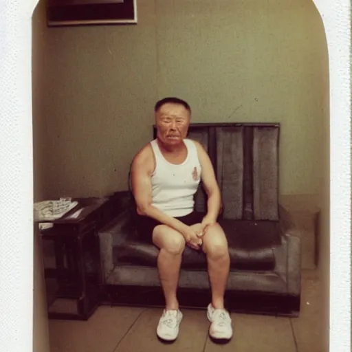 Image similar to a polaroid photo of a disheveled middle - aged chinese man wearing a singlet while smoking, sitting down next to a wall