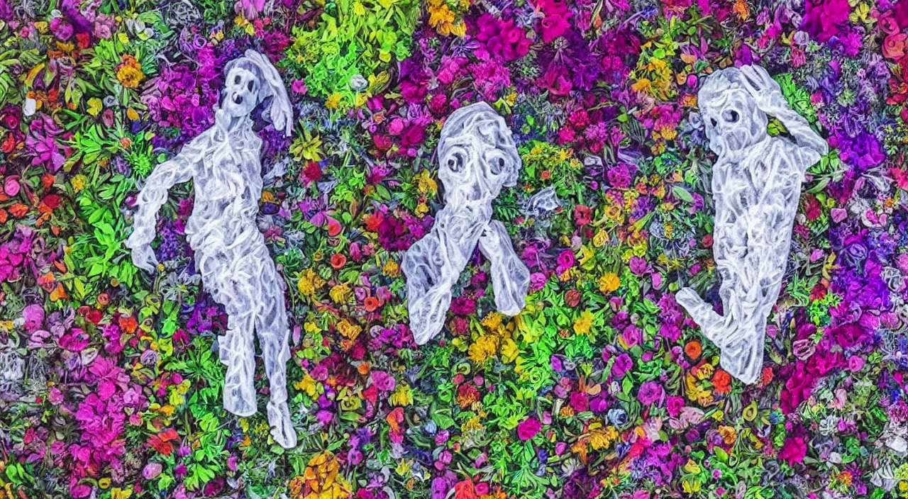 Image similar to a psychedelic ghost made of flowers and silver