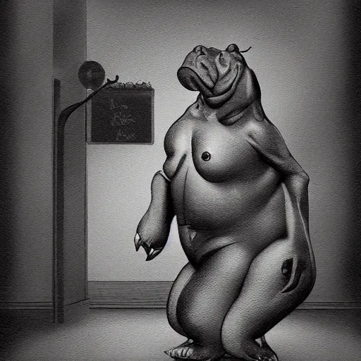 Prompt: a depicted hippopotamus in the style of film noir, chiaroscuro, trending on artstation