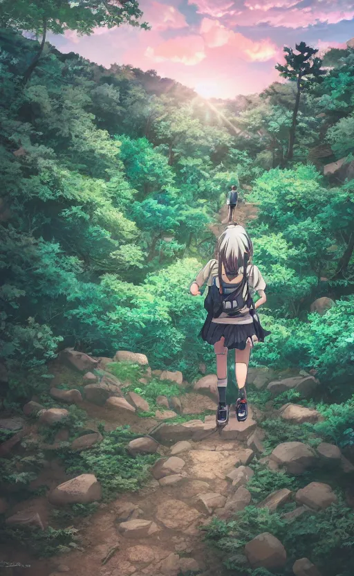 Anime girl trekking alone in the natue. Travel lifestyle. Cute pretty girl  with courage backpacking in the mountains. Looking at the horizon. Drawing  of a manga, cartoon character. Lofi girl walking. Stock