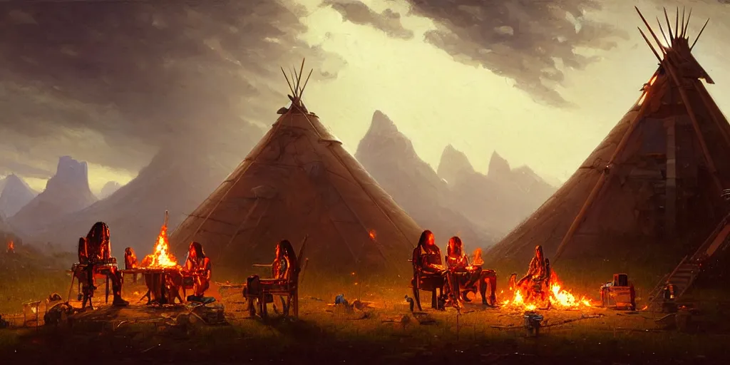 Image similar to an old native american and some cyborgs roboters sitting together at a fire in front of one tipi, beatiful mountain background, cyberpunk, tech wear, by albert bierstadt, by greg rutkowski, highly detailed, warm lightning, digital painting