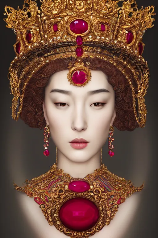 Image similar to a singular beautiful empress portrait, with a brilliant, impossible striking shiny big ruby headpiece, symmetrical, reflective surface, ruby clothes, rococo, baroque, jewels, asian, realistic, studio lighting, closeup, D&D, fantasy, intricate, elegant, highly detailed, digital painting, artstation, octane render, 8k, concept art, matte, sharp focus, illustration, art by Artgerm and Greg Rutkowski and Alphonse Mucha