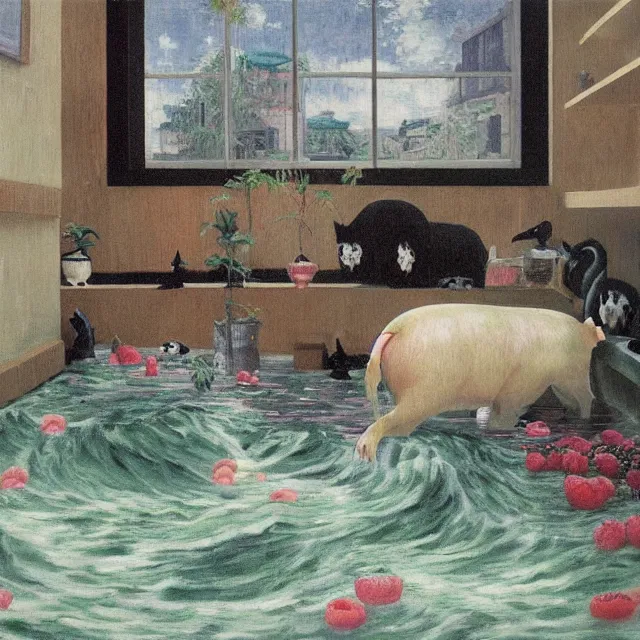 Image similar to painting of flood waters inside an apartment, emo catgirl art student, a river flooding inside, taps with running water, tangelos, zen, pigs, ikebana, water, river, rapids, waterfall, black swans, canoe, pomegranate, berries dripping, acrylic on canvas, surrealist, by magritte and monet