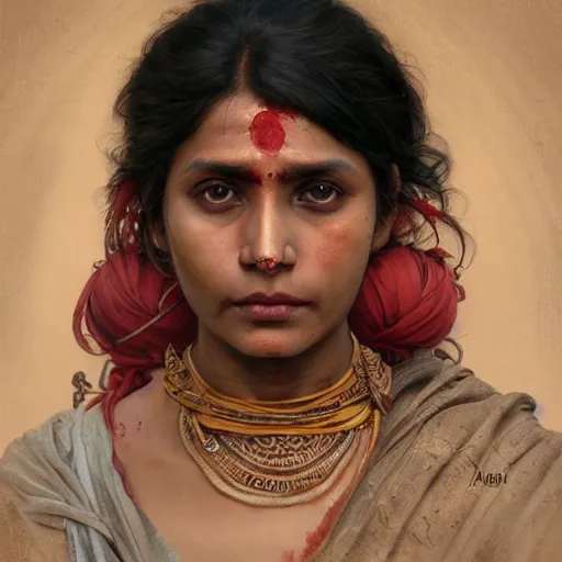 Prompt: portrait painting of a bloodied north indian female butcher, ultra realistic, concept art, intricate details, eerie, highly detailed, photorealistic, octane render, 8 k, unreal engine. art by artgerm and greg rutkowski and alphonse mucha
