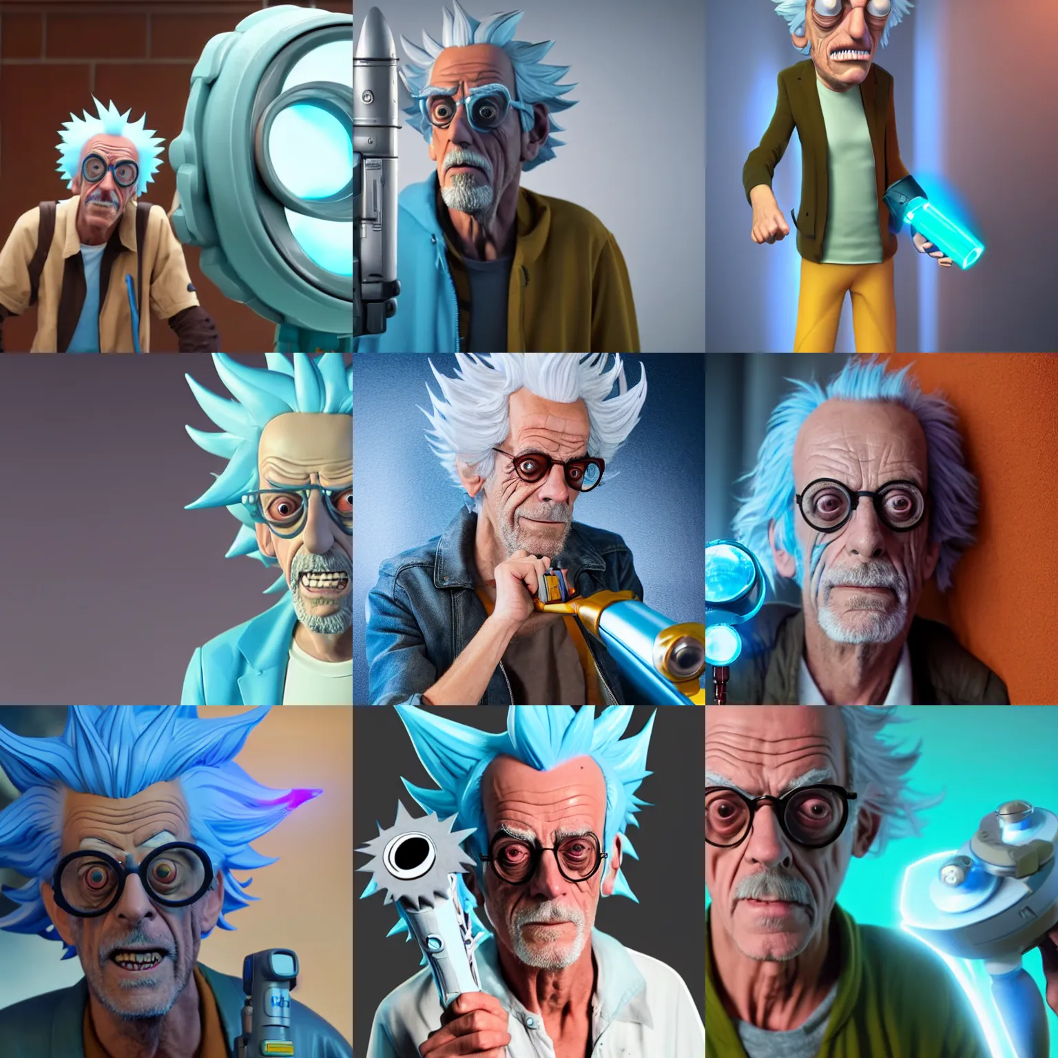 Prompt: christopher lloyd cosplaying as rick sanchez from rick & morty posing with his portal gun, octane render photorealism, detail, 4 k pores, realistic