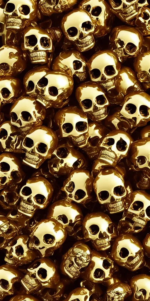 Image similar to many gold skulls stacked on top of each other with flowers and jewerly, photorealistic render, unreal engine, octane render, metallic reflections, physically based rendering, 3 d, dramatic, studio lighting, cinematic, ornate, intricate, highly detailed, 4 k, hd, digital art