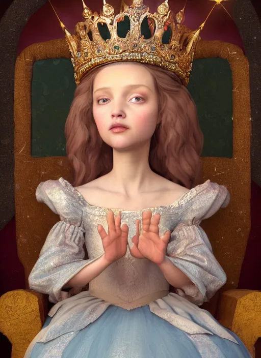 Image similar to highly detailed closeup portrait of a fairytale medieval princess wearing a crown and sitting on a throne, unreal engine, low - poly hands, nicoletta ceccoli, mark ryden, earl norem, lostfish, global illumination, god rays, detailed and intricate environment