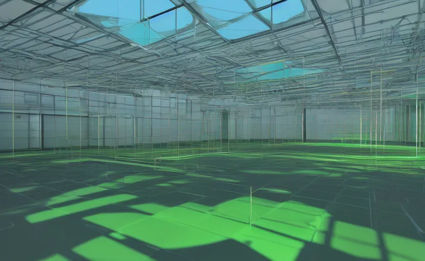 Image similar to empty room, open shiny floor, big solid colourful 3 d shapes, green house unreal engine and v - ray render.