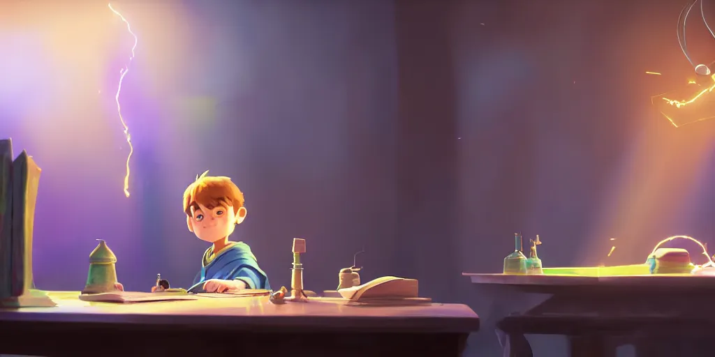 Image similar to a young boy mage with a cloak is standing at his desk working on a experiment, bubbling potions, colorful, light rays, medium shot, waist up, pixar and disney animation, sharp, rendered in unreal engine 5, by greg rutkowski and makoto shinkai, bloom, dramatic lighting, cinematic