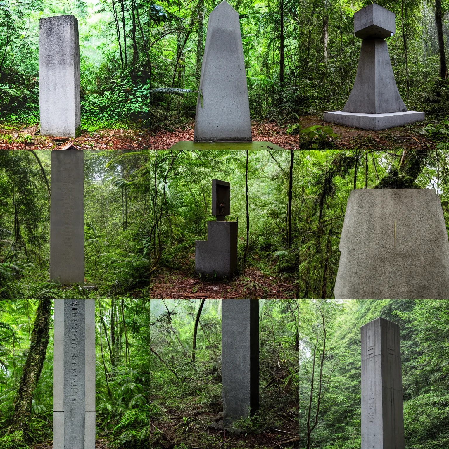 Prompt: Photo of an abandoned concrete soviet monument in a rainforest while raining, Sigma 100mm, long shot