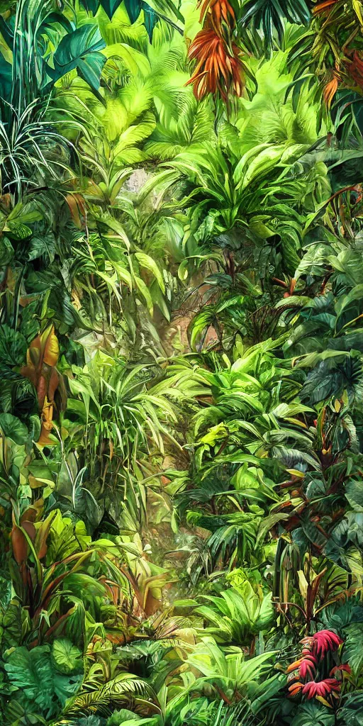 Image similar to deep in the jungle with exotic plant life, tropical plants, natural botanical gardens, vines, acrylic painting, artstation, concept art, award winning,