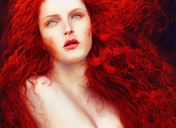 Image similar to a highly detailed beautiful portrait of woman with deep red hair, heat emanating from her hair ( fiery ), james gurney, james jean