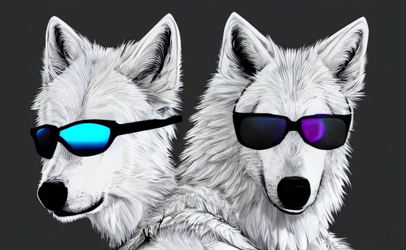 Prompt: A white wolf wearing aviator glasses, synthwave inspired, digital art, ArtStation, CGSociety