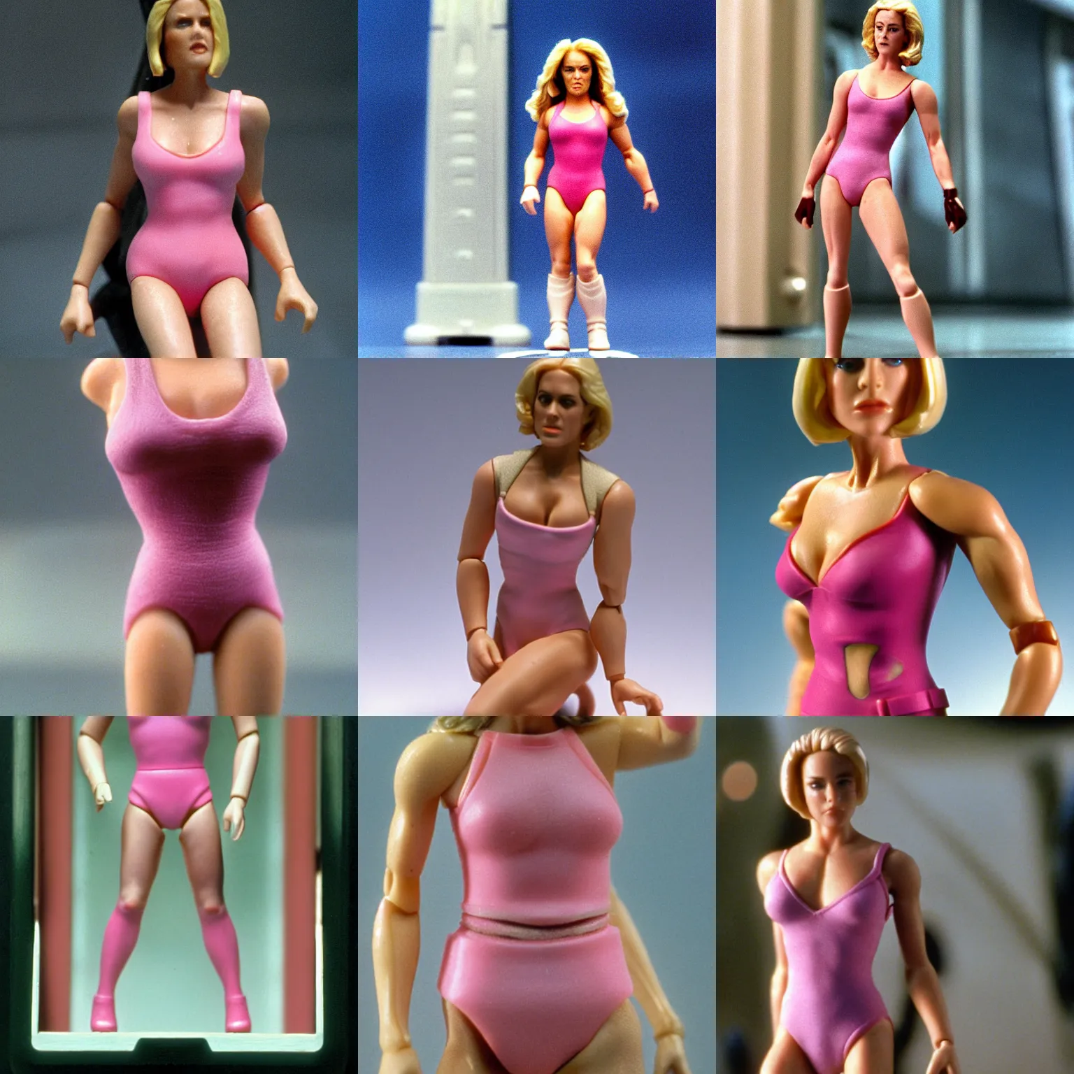 Prompt: Sharon Stone in Total Recall 1990, Total Recall mini figure wearing pink leotard, high detail photograph, 35mm