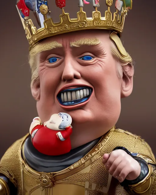 Prompt: highly detailed closeup, face profile portrait of a tin toy donald trump as a fairytale henry viii eating cakes, depth of field, nicoletta ceccoli, mark ryden, lostfish, max fleischer, breathtaking, detailed and intricate environment, 8 k resolution, hyperrealistic, octane render