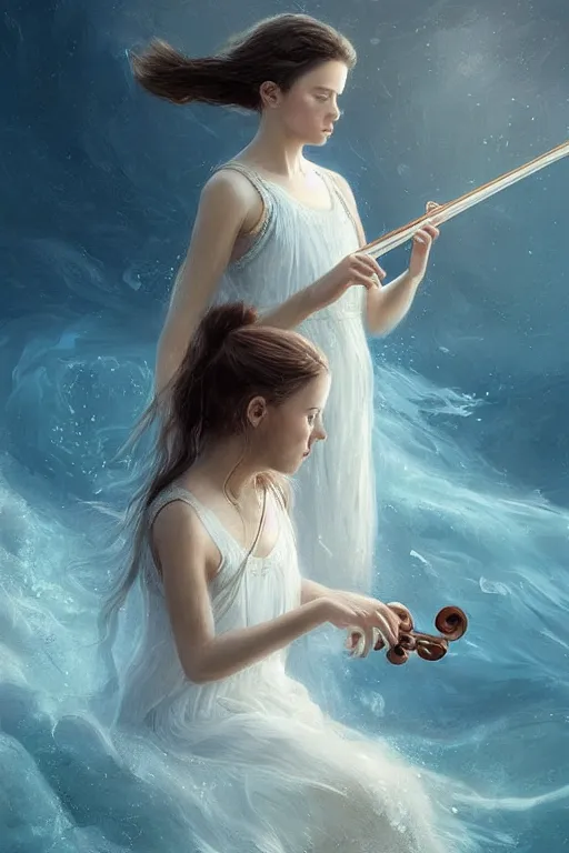 Image similar to beautiful mystical digital painting girl playing a violin wearing a long white dress over a wavy ocean by Leesha Hannigan, Ross Tran, Thierry Doizon, Kai Carpenter, Ignacio Fernández Ríos