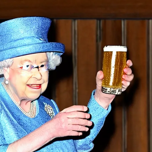 Image similar to Queen Elizabeth drinking beer from a shoe