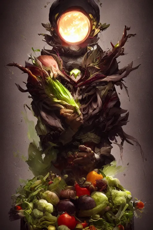 Image similar to sorcerer made entirely of vegetables, dark fantasy, by artgerm and greg rutkowski, octane render, trending on artstation,