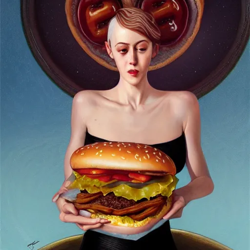 Image similar to detailed full body concept art illustration oil painting of Jena Malone eating hamburgers, extra ketchup, bacon lettuce and tomatos, oriental art nouveau, frock, mid body, radiant halo of light, black gold smoke ink, woman covered in bacon and cheese, peter mohrbacher, artgerm