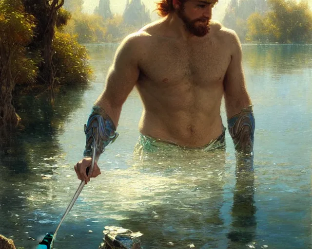 Image similar to attractive male wizard casting water spell in a beautiful lake. highly detailed painting by gaston bussiere, craig mullins, j. c. leyendecker 8 k