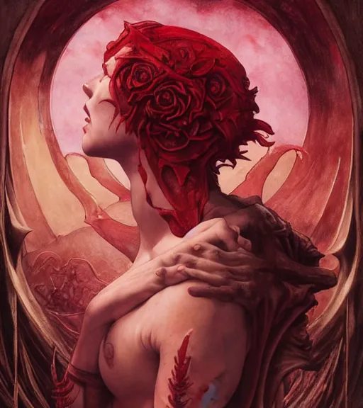 Image similar to blood rose devil nightmare of the maiden in the fortress of lies, by annie swynnerton and tino rodriguez and charlie bowater and tom bagshaw and nicholas roerich and jean delville and evelyn de morgan and lucien freud, dramatic lighting, floral tattoos, rich colors, smooth sharp focus, anime key visual, extremely detailed, adolf wolfli