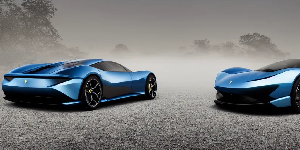 Prompt: a electric sport car designed by ferrari, outdoor magazine, ambient light, fog