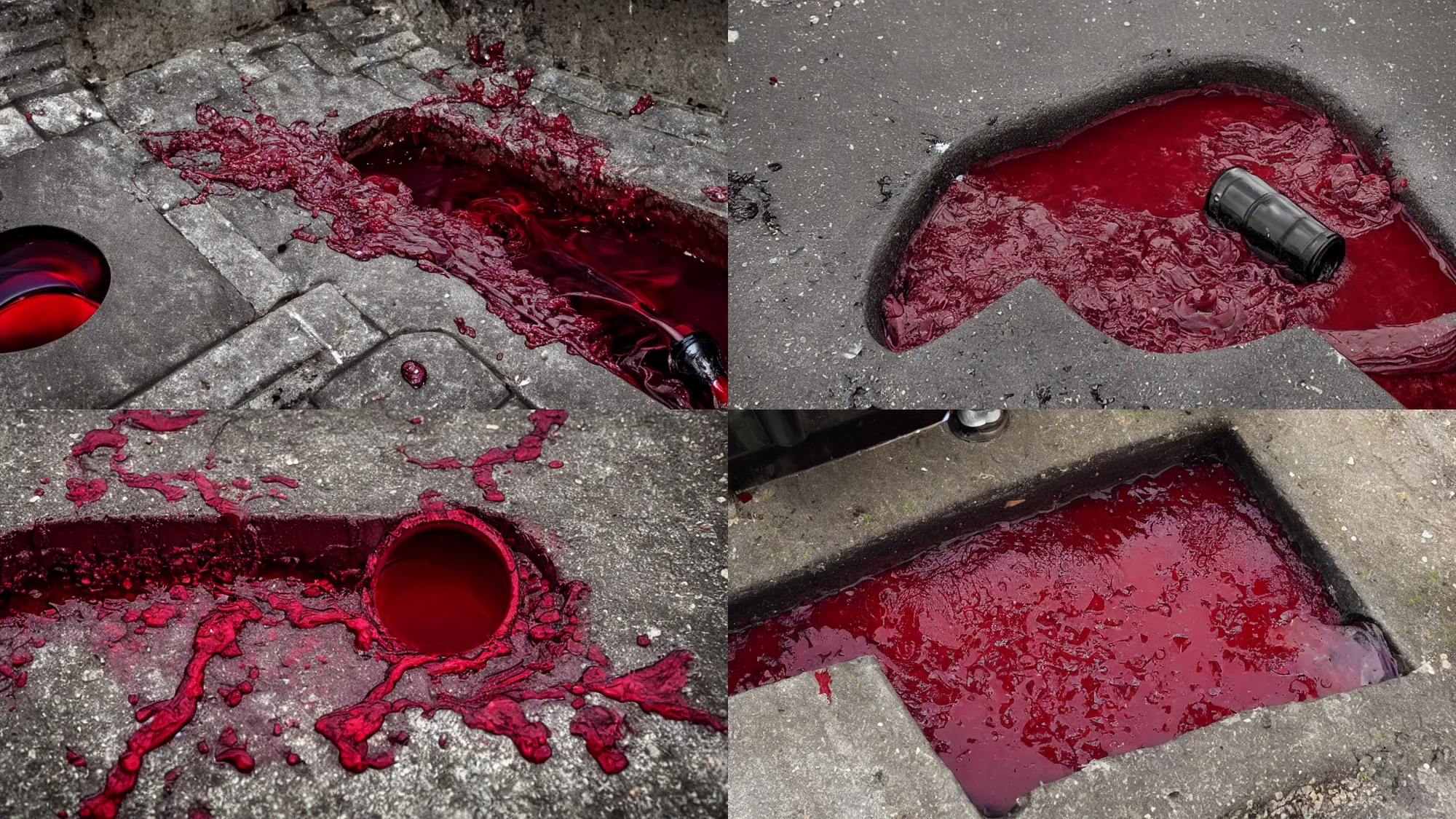Prompt: red wine flowing down a storm drain