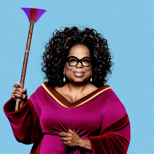 Image similar to Oprah as a wizard wearing blue robes, a blue pointed wizard hat and holding a magic staff, highly detailed, high quality, HD, 4k, 8k, Canon 300mm, professional photographer, 40mp, lifelike, top-rated, award winning, realistic, sharp, no blur, edited, corrected, trending