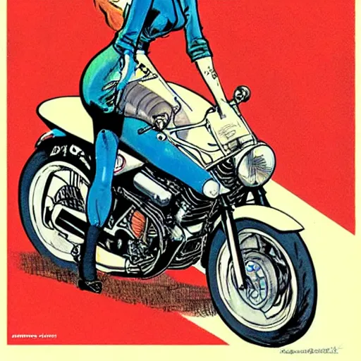 Prompt: a pin up riding a touring motorcycle at high speed, front view, by milo manara