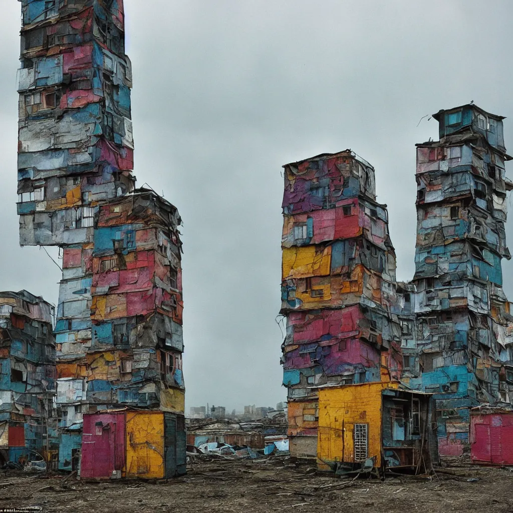 Prompt: close - up view of a tower made up of colourful makeshift squatter shacks with bleached colours, moody cloudy sky, dystopia, mamiya, f 1. 8, very detailed, photographed by bruno barbey