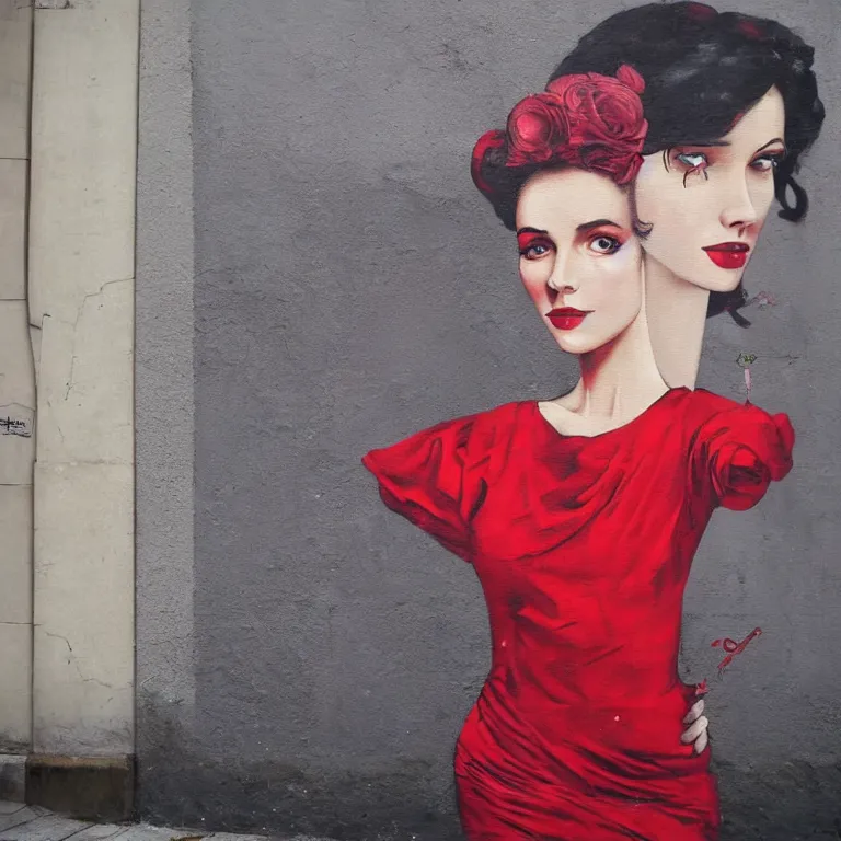 Prompt: Street-art portrait of beautiful woman wearing red evening dress in style of Etam Cru