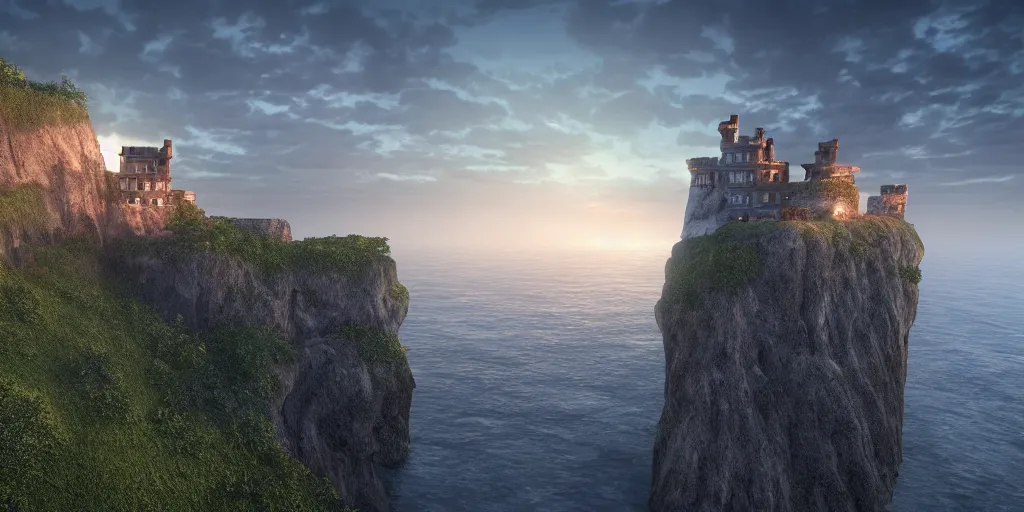 Prompt: a cliff side castle by the sea, dawn setting, HDR, unreal engine, god rays, ue5, 4k hd wallpaper, photo realistic, high detail
