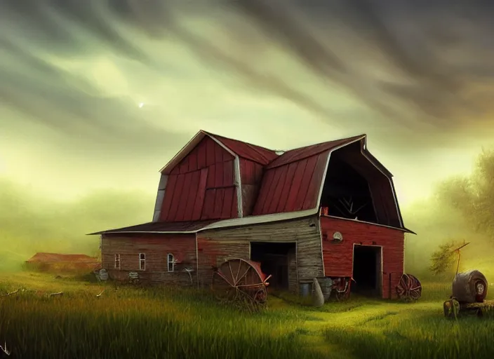 Image similar to A barn at an Iowan farm, barndoors broken open by a running baba yaga hut, game art matte painting hyperdetailed, artstation, cgsociety, 8k, surreal dream landscape