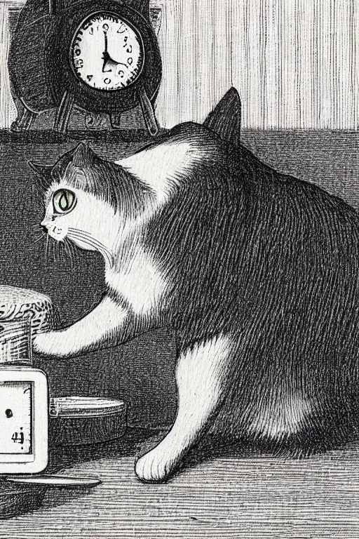 Image similar to cat standing next to alarm clock, holding a fork and knife in his paws, image from old textbook by John Kenn Mortensen