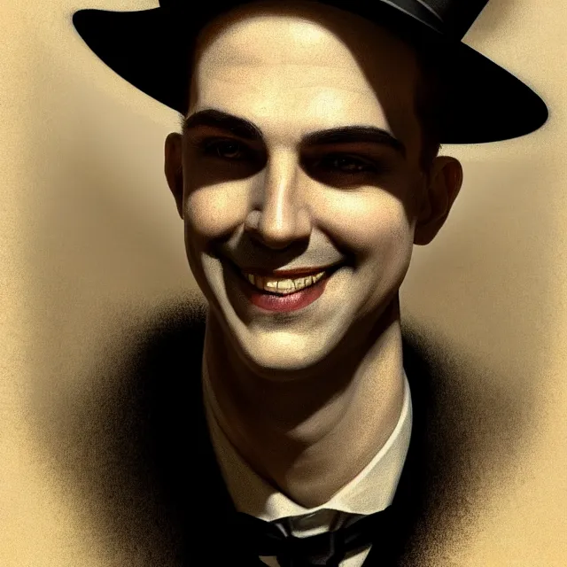 Prompt: portrait of a 1 9 2 5 magician, clean shaven, smiling, atmospheric lighting, intricate, ultra detailed, well composed, best on artstation, cgsociety, epic, stunning, gorgeous, intricate detail, wow, masterpiece