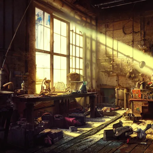 Image similar to A dusty toymaker’s workshop lit by a large glowing window, volumetric atmosphere with dramatic sunlight and shadows, Dean Morrissey and Craig Mullins photo illustration, highly detailed, 8k resolution, hyperrealistic, Maya render.