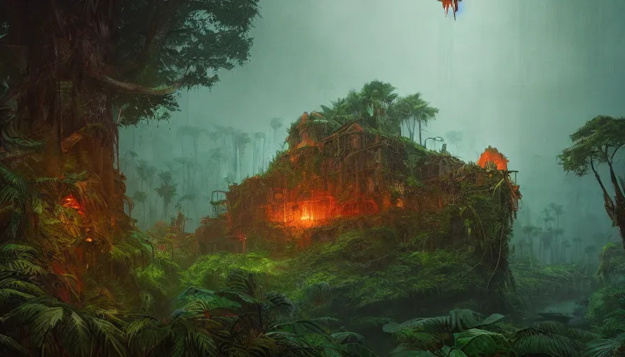 Prompt: tropical jungle, wall wood fortress, an epic fantasy, dramatic lighting, cinematic, establishing shot, extremely high detail, photorealistic, cinematic lighting, artstation, matte painting, by simon stalenhag, shadow of the tomb rider