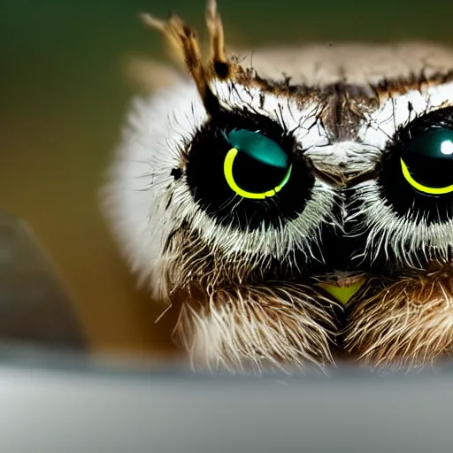 Image similar to jumping spider mixed with owl with 4 eyes and nightvision goggles, cute creature, hybrid, anamorphic lens, bokeh, kodak color film stock, macro shot