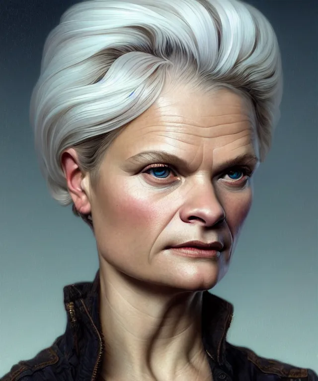 Image similar to portrait of a young martha plimpton, his white hair in wild, intricate, headshot, highly detailed, digital painting, artstation, concept art, sharp focus, cinematic lighting, illustration, art by artgerm and greg rutkowski, alphonse mucha, cgsociety