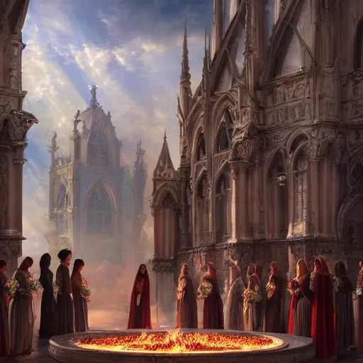 Image similar to a beautiful and detailed matte painting of a lesbian wedding between evil pyromancer and a red mage, unholy union, white church background, god rays, sharp focus, highly detailed, cinematic lighting, 8 k, smooth render, vector illustration, award winning, by adolf hiremy - hirschl and greg rutkowski and alphonse mucha