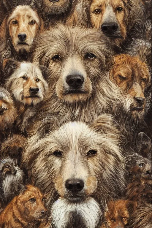 Image similar to portrait of multiple animals faces stacked and close to each others, by giancola, very detailed art, elegant, sophisticated, high resolution, smooth