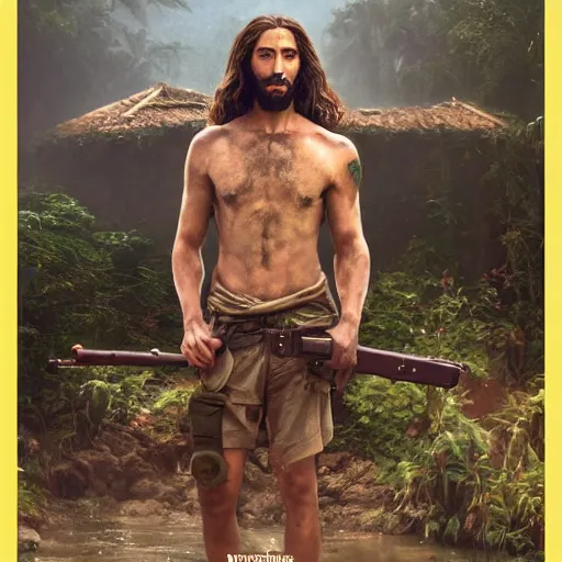 Image similar to an extremely detailed matte painting of a ridiculously good looking jesus that looks like a jewish gigachad in the vietnam war, ballistic helmet that says'born to save ', long curly hair, camouflaged gear, very detailed, jungles of vietnam beautiful, intricate, cinematic, artstation, william bouguereau, alphonse mucha, greg rutkowski, octane render