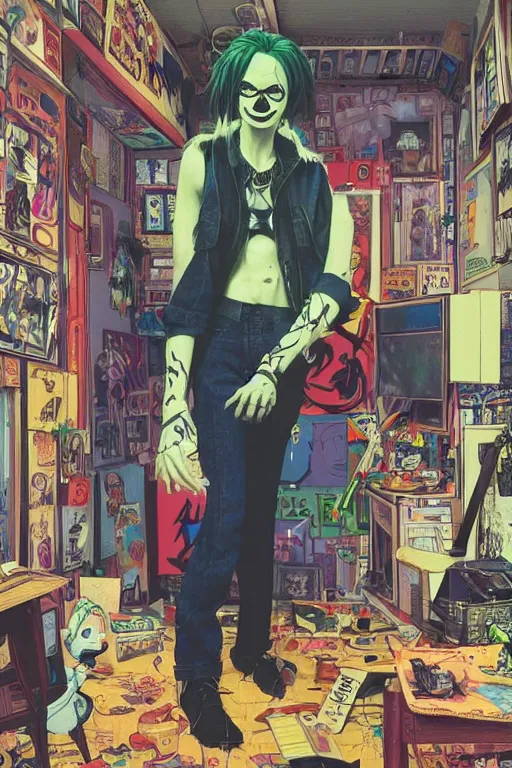 Image similar to a skinny goth guy standing in a cluttered 9 0 s bedroom by jamie hewlett, jamie hewlett art, full body character concept art, vaporwave colors, digital painting, hd, ultra hd, detailed, award winning, small details, artgerm art, sabas apterus art,